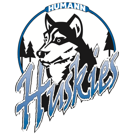 Humann Elementary School logo featuring a Siberian Husky Dog in front of some pine trees, surrounded by the words Human Huskies.
